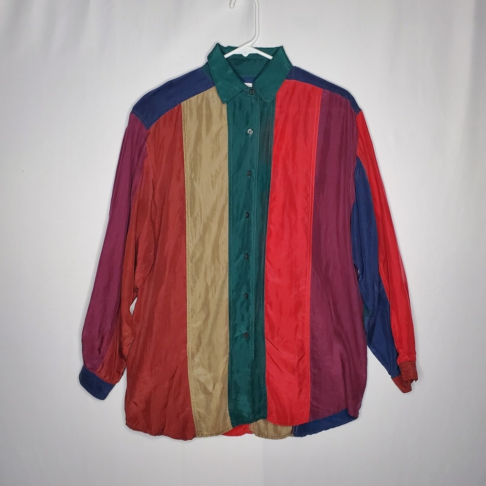 Stunt 90s Silk Button Shirt Womens Medium Vertical Rugby Stripe‎ 90s Polo Preppy